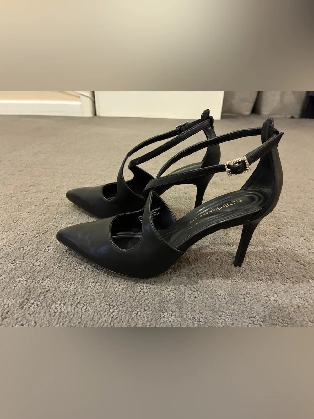 BCBGeneration Black Pointed Toe Crisscross Ankle Strap Heels